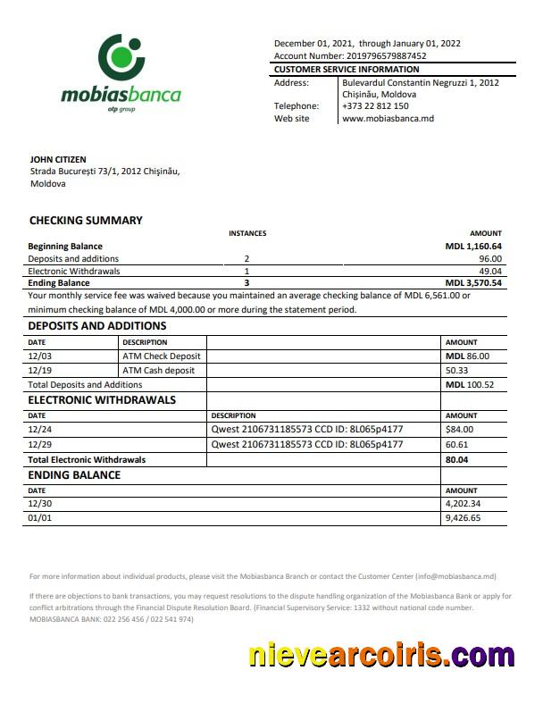 Moldova Mobiasbanca bank statement in Word and PDF format